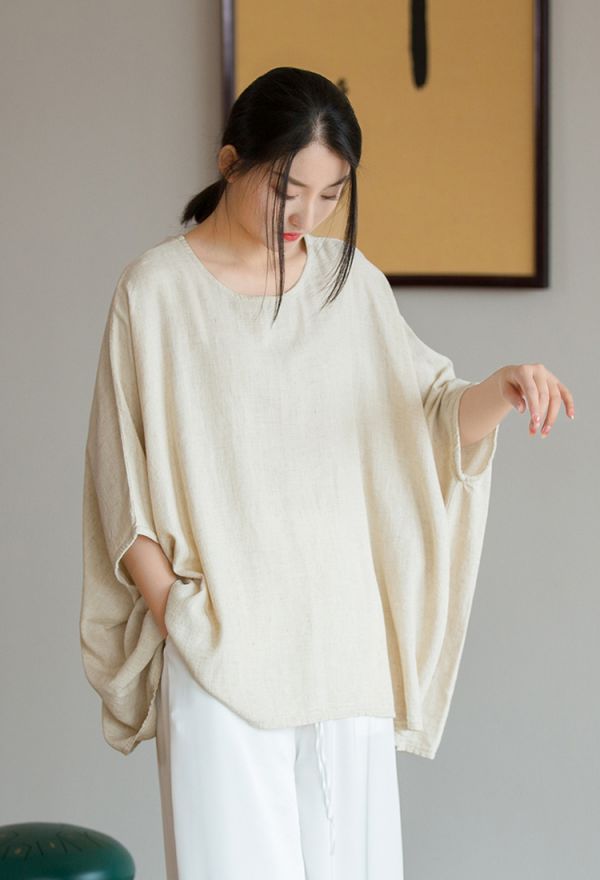 燕燕~寬鬆款式~亞麻 夏季新品  輕薄文藝寬鬆蝙蝠袖上衣 短袖棉麻衫 