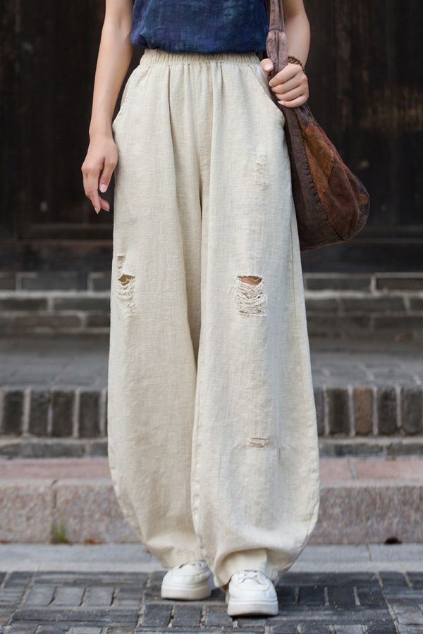 燕燕～秋季新款！苧麻 破洞炒色長褲 砂洗個性小眾流浪風燈籠褲 