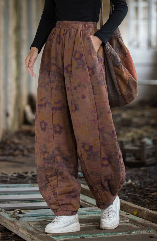 燕燕～秋冬新款 手染夾棉絎縫褲子12片拼接文藝燈籠褲女式棉褲 