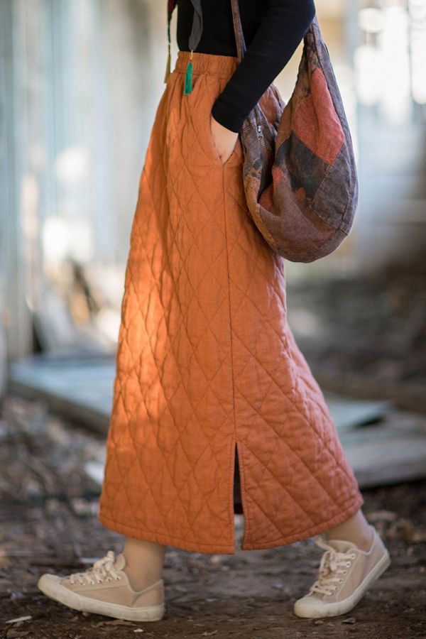 燕燕~冬季新款 苧麻夾棉加厚絎縫菱格長裙 