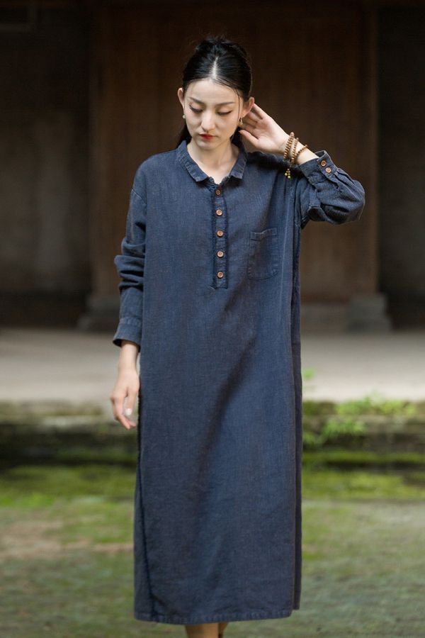 燕燕~秋季新款 莧麻磨毛砂洗炒色女禪意長袍洋裝 連身裙 