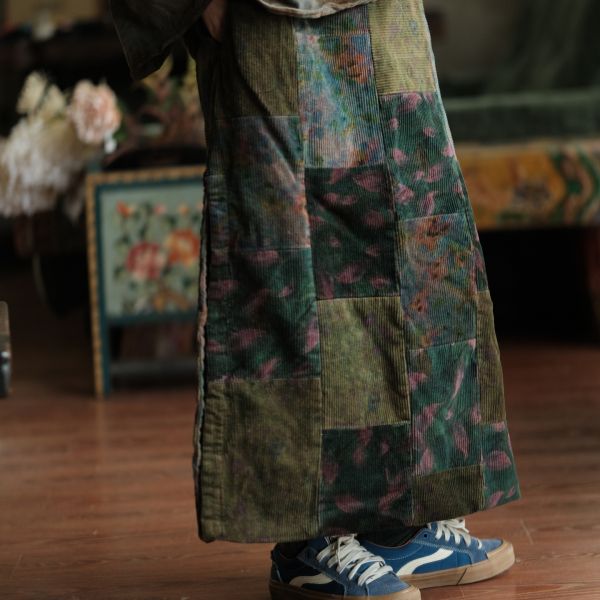 燕燕~復古文藝開叉古布拼接長裙 ab225201 