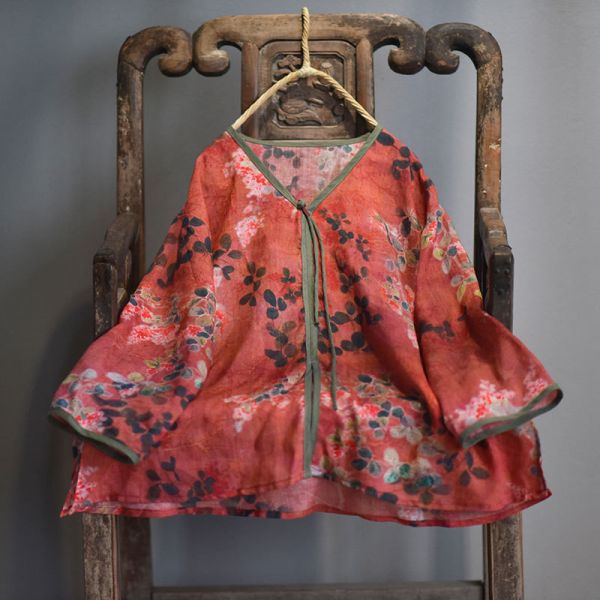 燕燕~春夏新品 復古國風印花長尾盤扣小衫 個性文藝小V領上衣 