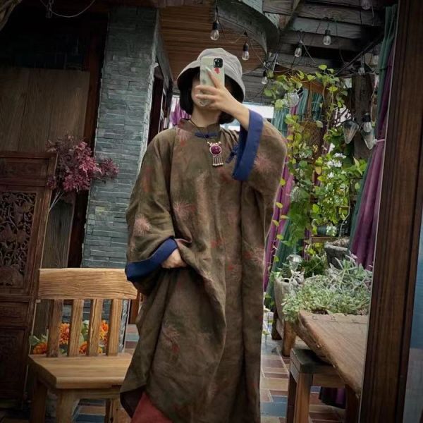 燕燕~棉麻商品~秋款 純亞麻 復古印花盤扣中式長袍洋裝 連身裙 