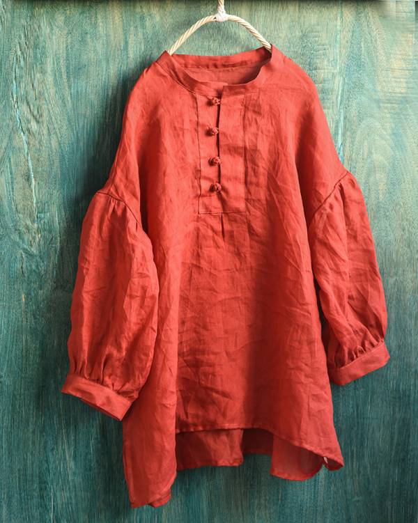 燕燕~棉麻商品~精細苧麻材質 盤扣七分袖襯衫寬鬆文藝泡泡袖上衣小衫 