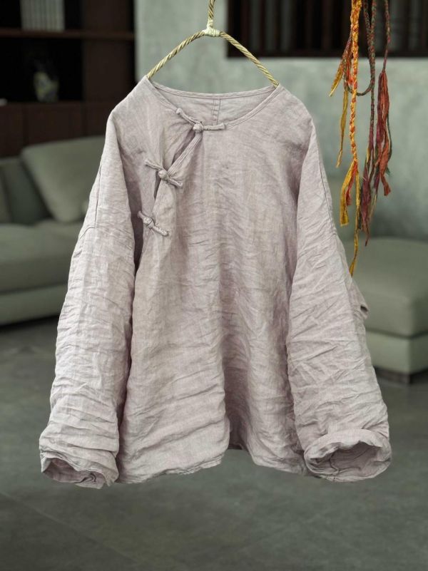 燕燕~夏季新款～復古盤扣亞麻立領中國風寬鬆中式襯衫 