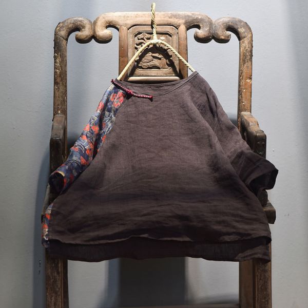 燕燕~棉麻商品~亞麻材質 拼布斜襟盤扣上衣 七分袖棉麻衫 