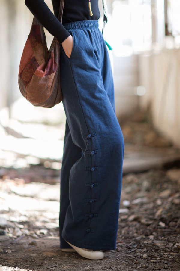 燕燕~秋冬新款 苧麻夾棉絎縫長褲 個性百搭保暖女款直筒棉褲 