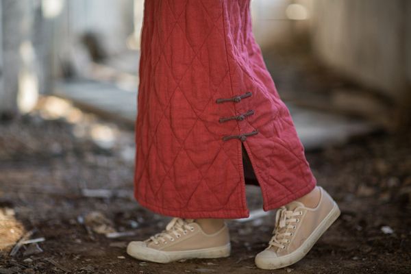 燕燕~秋冬新品    苧麻夾棉 原創設計個性保暖菱格絎縫長裙 