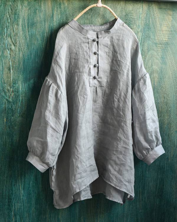 燕燕~棉麻商品~精細苧麻材質 盤扣七分袖襯衫寬鬆文藝泡泡袖上衣小衫 