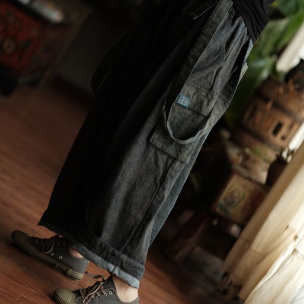 燕燕~復古文藝手工髒染吊檔休閒背帶褲  長褲   ab234701 
