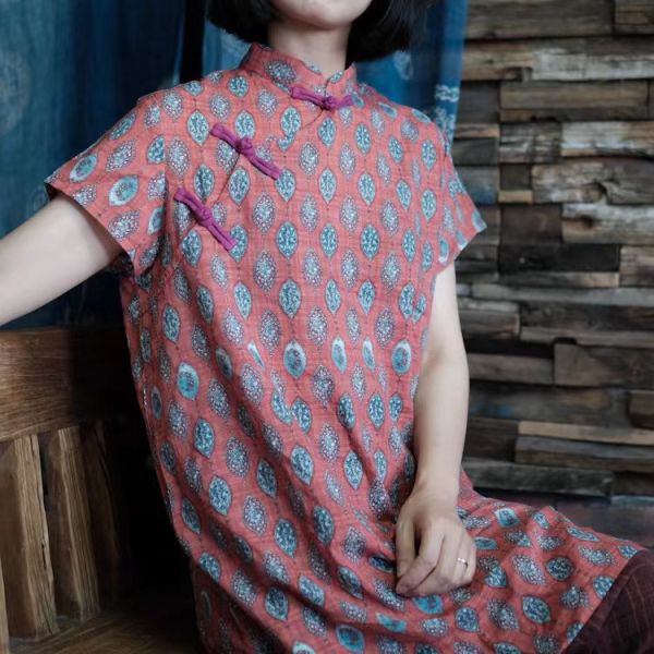 燕燕~棉麻商品~雙層棉 復古百搭盤扣打底長衫上衣 可當洋裝 連身裙  an061101 