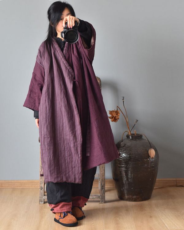 燕燕~拼色設計 亞麻夾棉寬鬆斜襟開衫棉衣外套 長大衣 