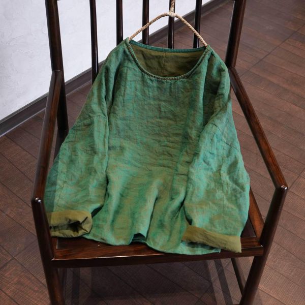 燕燕~色織亞麻 復古文藝寬鬆長袖小衫 雙層上衣襯衫 