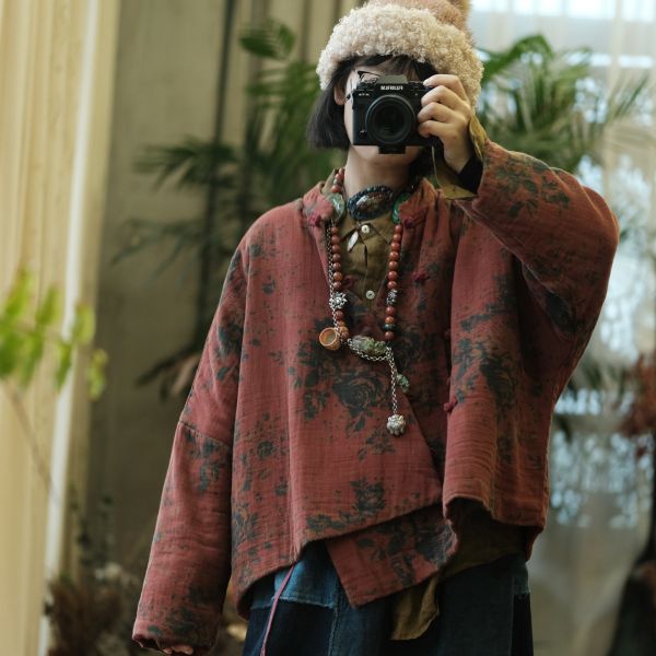 燕燕~秋冬新款 文藝數位印花純棉斜襟棉衣外套    ab193301 