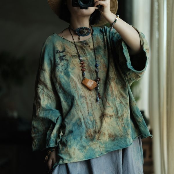 燕燕~復古手工植物染針織棉寬鬆百搭打底T恤 上衣 ab237201 