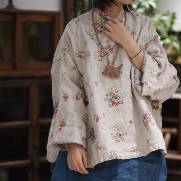 燕燕~雨露麻印花雙層偏襟盤扣外套小衫 上衣 ab27001 