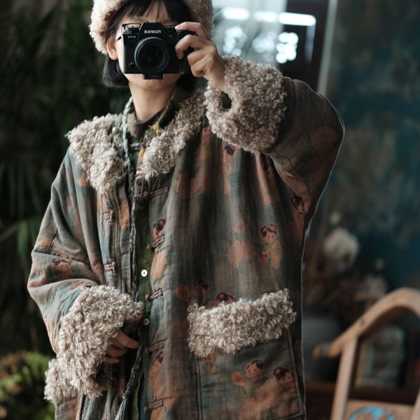 燕燕~秋季新款 復古斜襟盤扣羊捲毛夾棉棉衣棉服背心 外套 ab2224101 (娃娃款） 