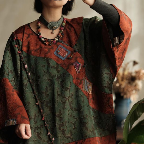 燕燕~棉麻商品~拼色復古文藝做舊人絲寬鬆大袖口中長斜襟襯衫 開襟衫 ab227801 