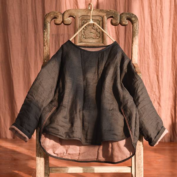 燕燕~棉麻商品~苧麻 寬鬆夾棉短款上衣 文棉服 寬鬆手工縫線棉衣上衣 