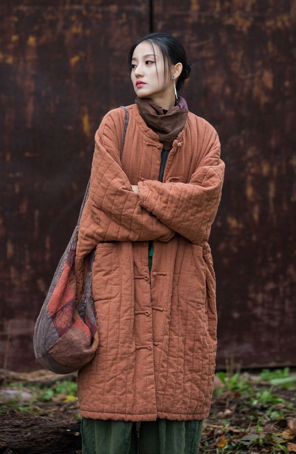 燕燕~冬季新款  苧麻夾棉絎縫豎格棉襖棉服流浪禪意 長袍子 棉衣外套 