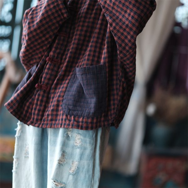 燕燕~棉麻商品~文藝復古民國風寬鬆小格小衫 襯衫 ab203301 