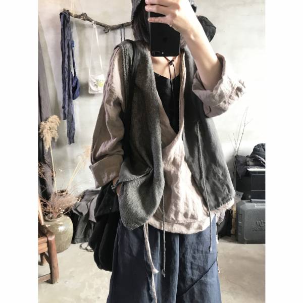 燕燕棉麻～亞麻材質 春秋款  左右撞色開衫 繫帶外搭背心 