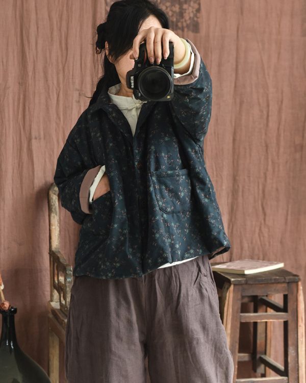燕燕~秋冬款 森林系清新田園碎花短棉服棉襖 全棉輕薄女式棉衣外套 