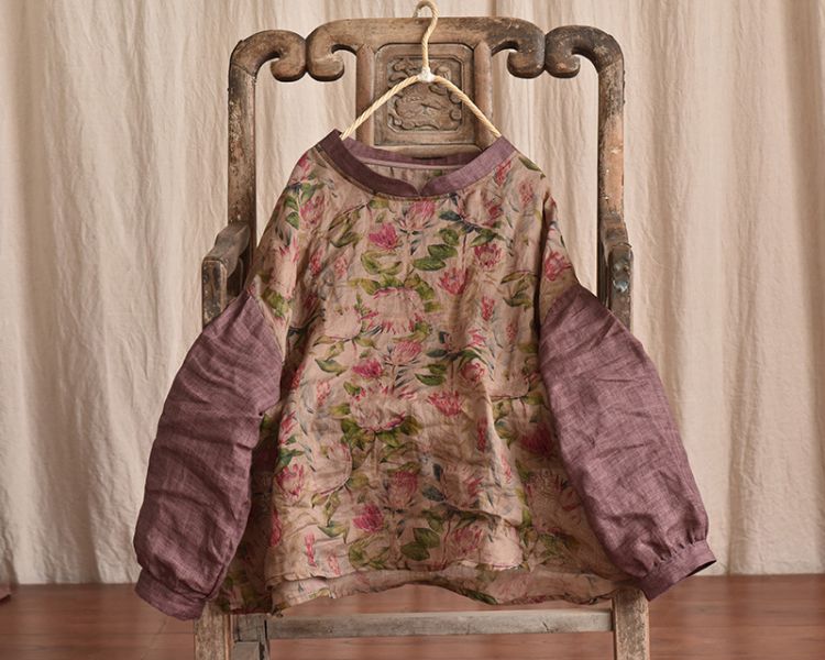 燕燕~春夏秋款  復古印花   寬鬆文藝長袖苧麻上衣 