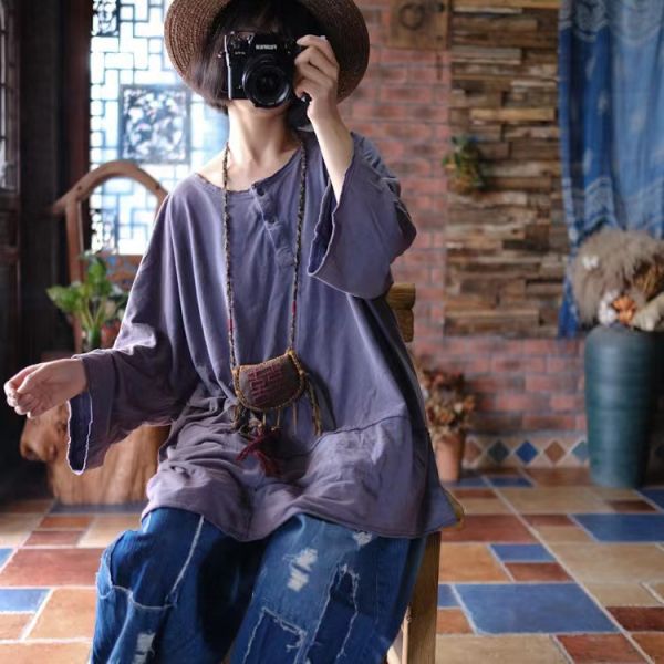 燕燕~針織棉。復古做舊雪花洗 不對稱寬鬆禪意大T恤 上衣 ab198401 