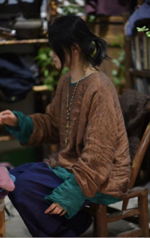 燕燕~早春款式 亞麻 文藝復古純色百搭寬鬆休閒色織套頭衫 上衣 