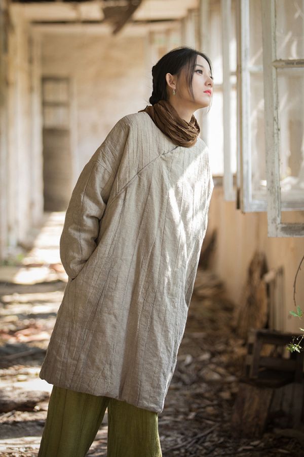 燕燕~秋冬新品 苧麻炒色夾棉加厚復古改良禪意風女式中長棉衣上衣 