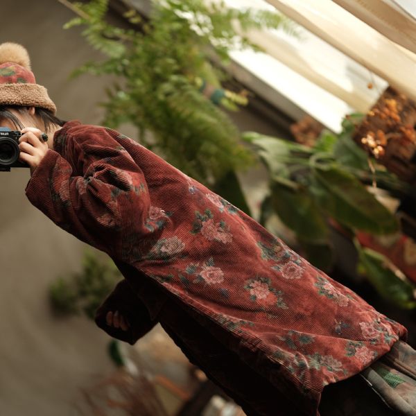 燕燕~秋冬款 文藝復古寬鬆粗條絨夾棉棉衣外套 長袍 ab214501 0 