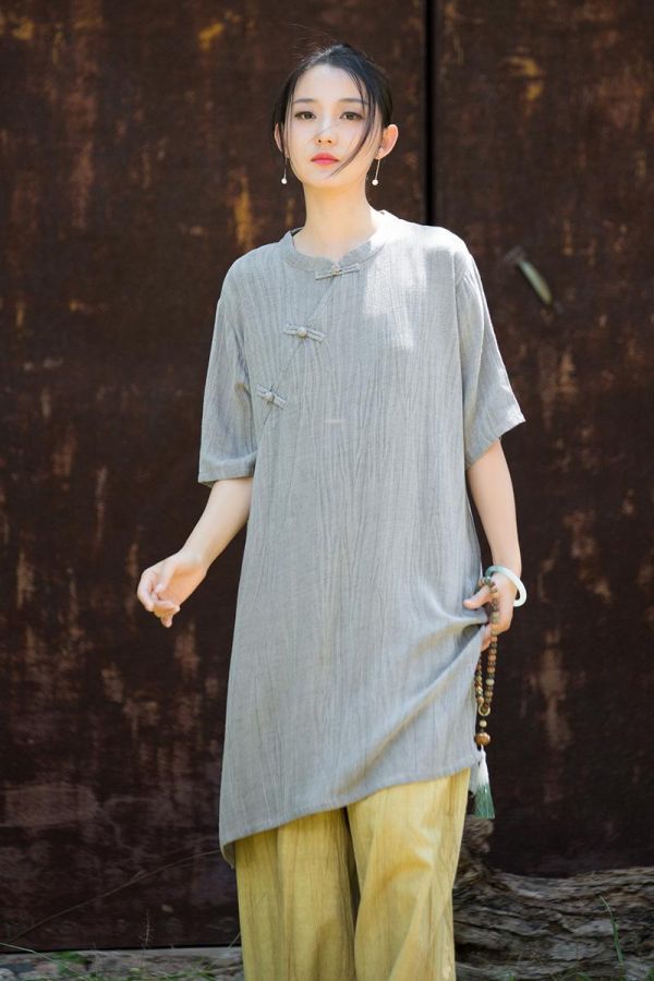 燕燕~夏季新款 天絲亞麻長衫紮染砂洗盤扣環偏襟中式袍子柔軟飄逸禪茶服上衣 