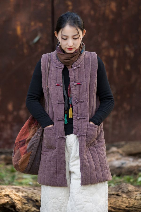 燕燕~冬季新款 苧麻豎格絎縫炒色夾棉保暖背心 