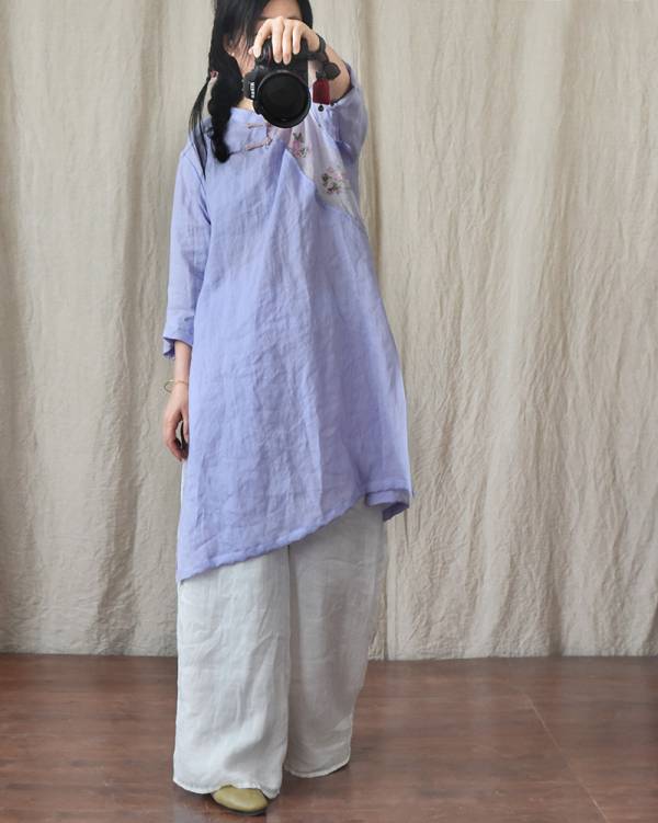 燕燕~棉麻商品 苧麻材質 旗袍款式 復古拼布百搭中長款長版上衣 可當洋裝 連身裙 