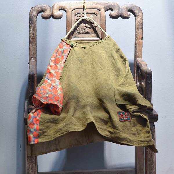 燕燕~棉麻商品~亞麻材質 拼布斜襟盤扣上衣 七分袖棉麻衫 