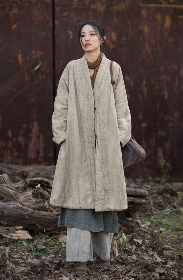 燕燕～冬季新款 手工紮染炒色做舊夾棉加厚禪長款棉衣外套 