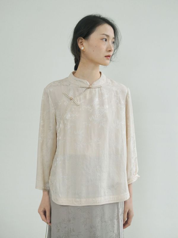 燕燕~人絲提花   珠扣襯衫 禪意中國浪漫斜衫茶服上衣。ab2409901 