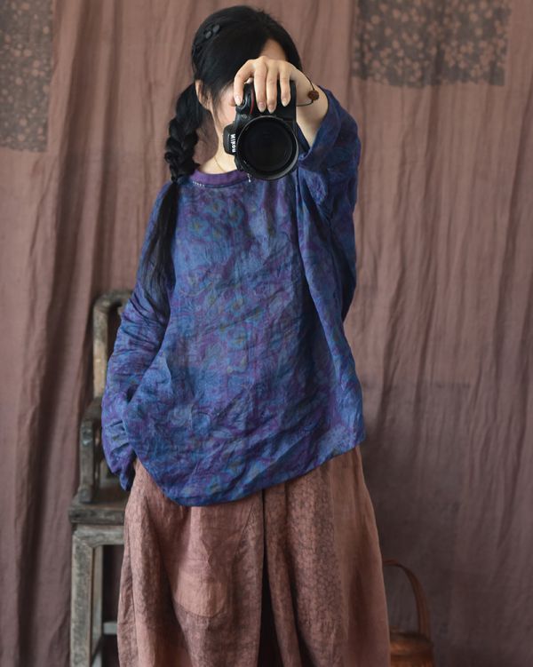 燕燕. 苧麻 撞色休閒輕薄上衣 復古寬鬆襯衫 長袖棉麻衫 