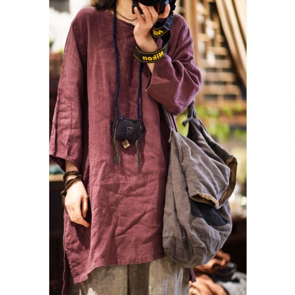 燕燕~亞麻 文藝復古手縫盤扣V領套頭七分袖 中長款麻衫 