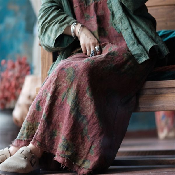 燕燕~秋冬新款 純亞麻 做舊毛邊鬆緊腰兩側口袋A字長裙。ab208701 