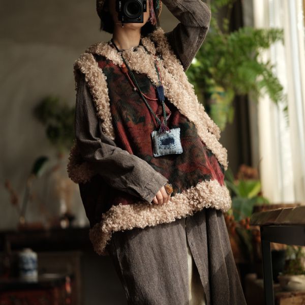 燕燕~復古燈芯絨斜襟盤扣羊捲毛夾棉背心。ab222401 