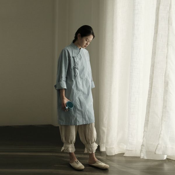 燕燕～有機棉。新中式斜襟繫帶斜襟長襯衫 上衣 洋裝 連身裙 