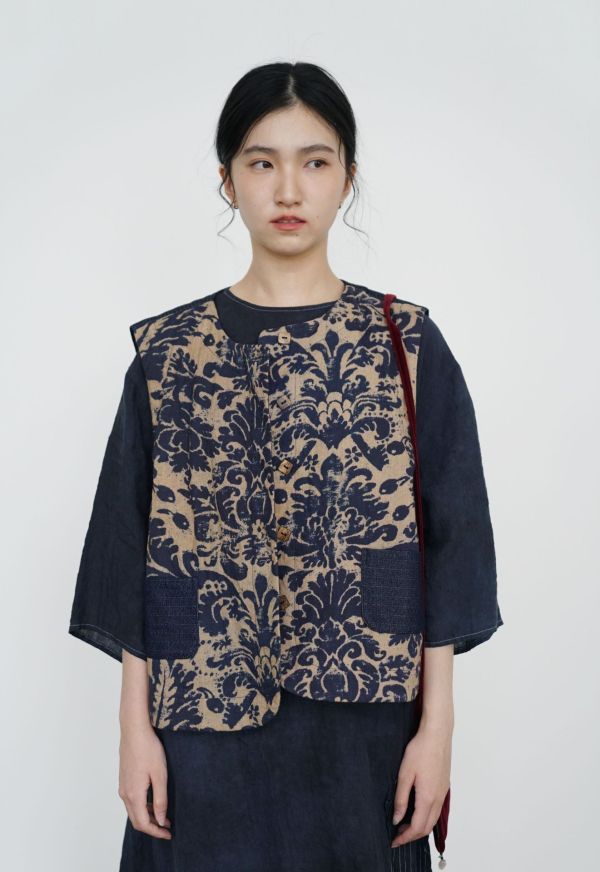 燕燕~復古藍染印花對襟夾棉 全新中式椰殼扣加厚背心 ab2531501 