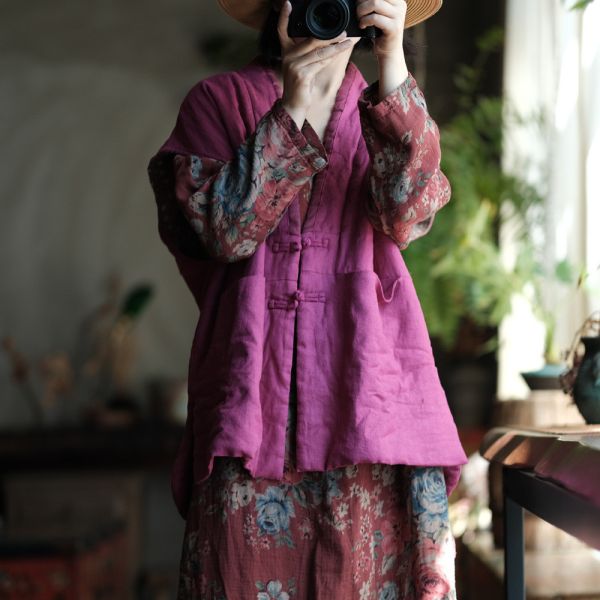 燕燕~棉麻商品~純亞麻。做舊雪花洗撞色領寬鬆夾棉坎肩背心  ab192601 