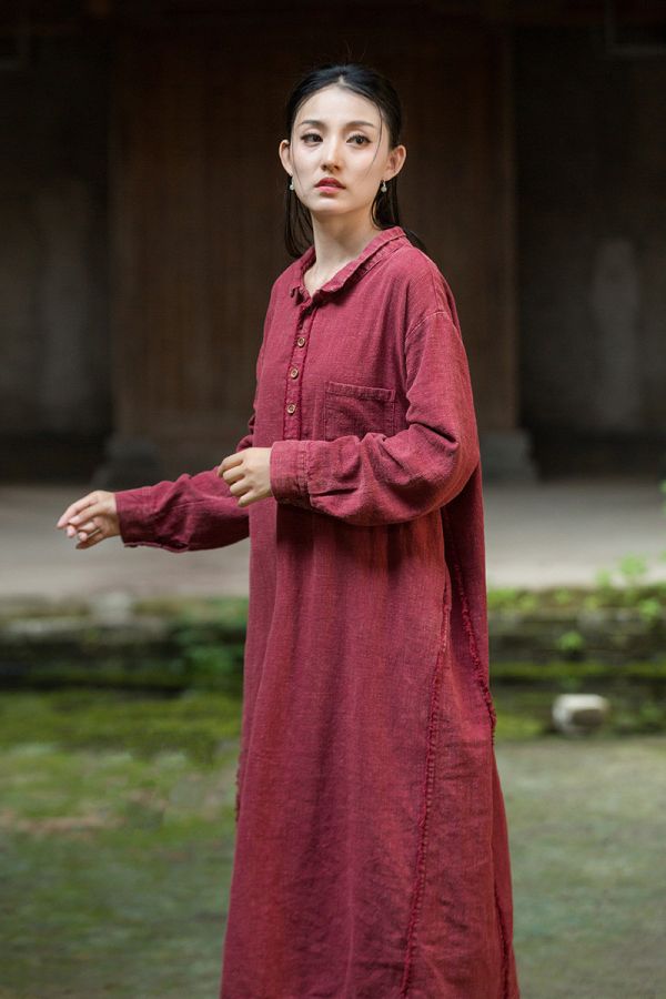 燕燕~秋季新款 莧麻磨毛砂洗炒色女禪意長袍洋裝 連身裙 