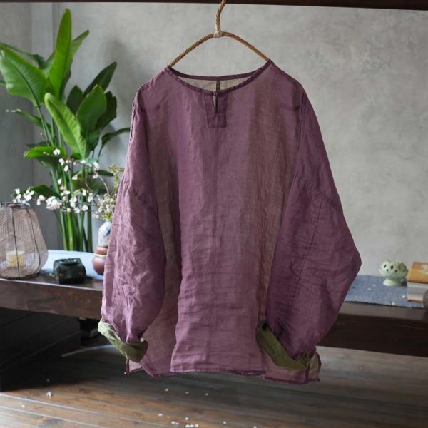 燕燕~四季款 雙色苧麻 雙面穿 盤扣長袖女襯衫 文藝復古圓領上衣 