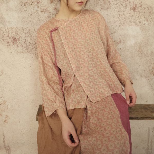 燕燕～亞麻 印花文藝偏襟盤扣上衣 襯衫  長袖棉麻衫   ab2305701 