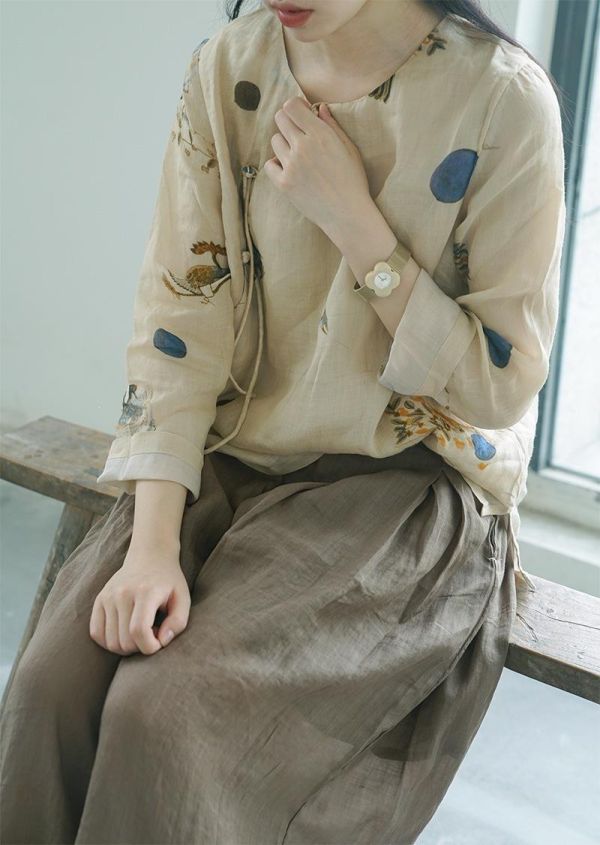 燕燕棉麻～夏款 設計中式斜襟數位印花莧麻上衣 茶服雙層防透禪意襯衫 ab2218201 
